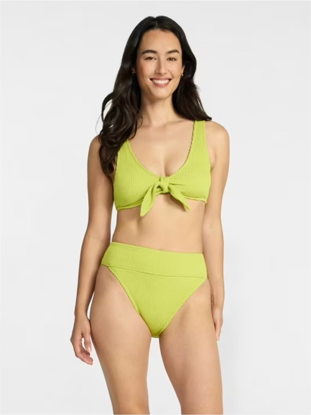 NWT Time & Tru chartreuse ribbed bikini top + high-rise bikini bottoms (XL)